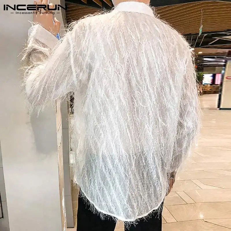 2024 Men\'s Shirt Mesh Transparent Striped Tassel Lapel Long Sleeve Casual Men Clothing Streetwear Party Fashion Shirts INCERUN