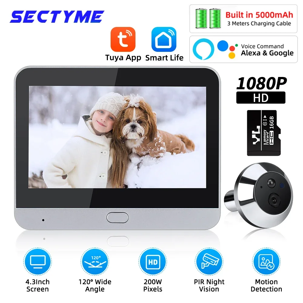 Sectyme 4.3 inch WiFi Peephole Tuya Smart 1080P WiFi Peephole Video Camera Home Security Night Vision Video Door Camera