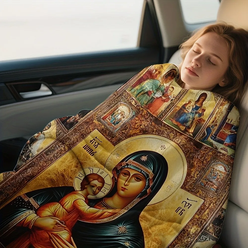 Byzantine Icon Virgin Mary Christ Religious Art Flannel Throw Blanket Soft Fleece for Sofa Bed RV Travel Gift