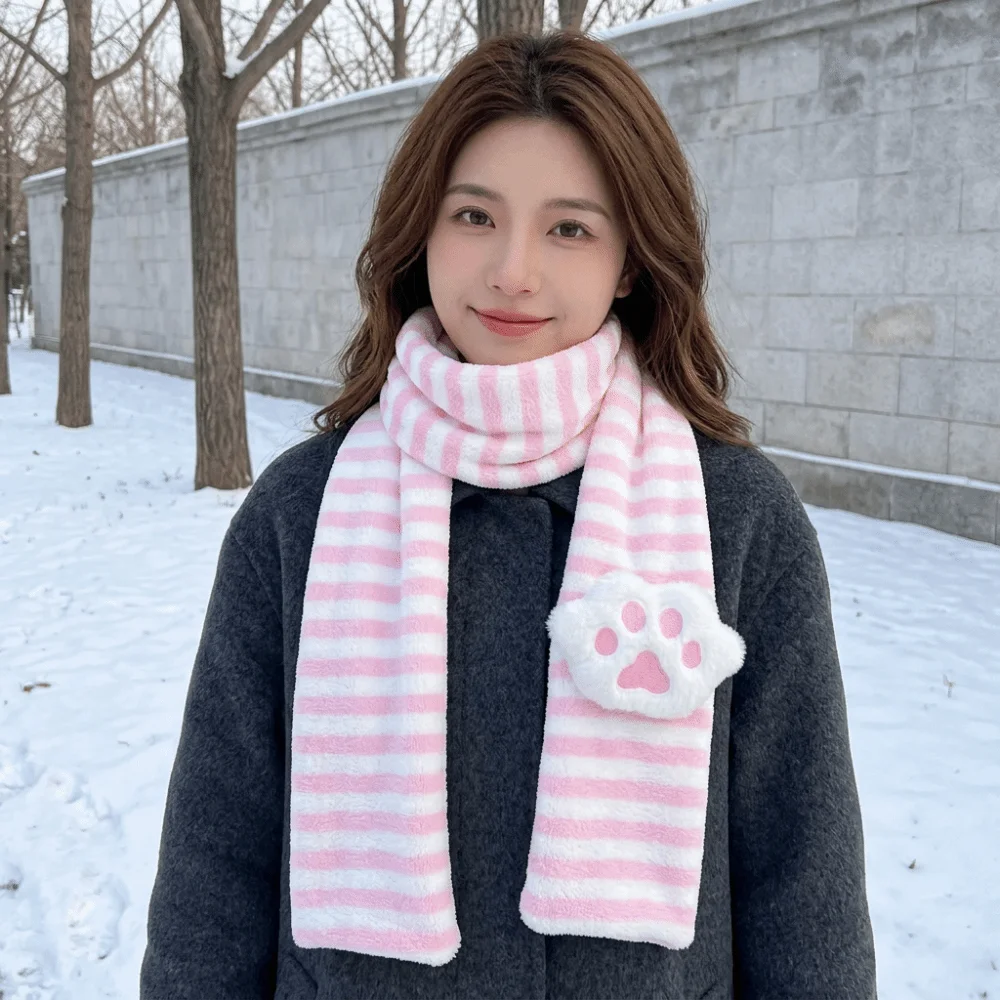 Warm Stripe Cat Paw Scarf Thick Imitation Mink Velvet Long Muffler Fuzzy Texture Skin Friendly Winter Scarf Ladies