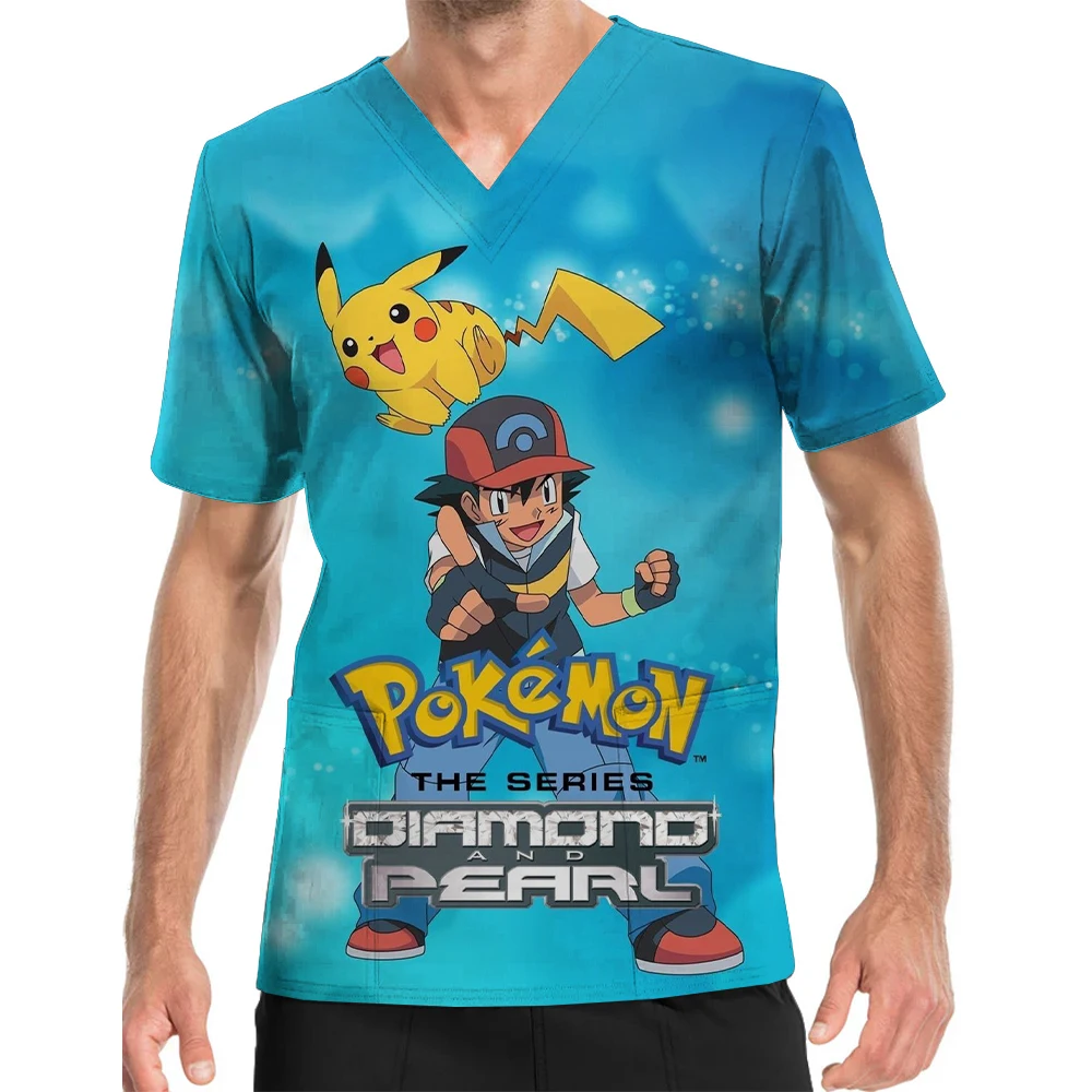 Kurzarm V-Ausschnitt Druck Peeling Top Pokemon Print Veterinär klinische Uniform Kinder zentrum Pflegeheim Pflege kleidung