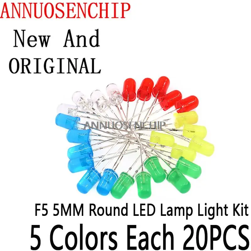 BoRui 5 Colors x20PCS =100PCS Yellow White Red Green Blue Diffused Round DIP Diode F5 5MM Round LED Lamp Light