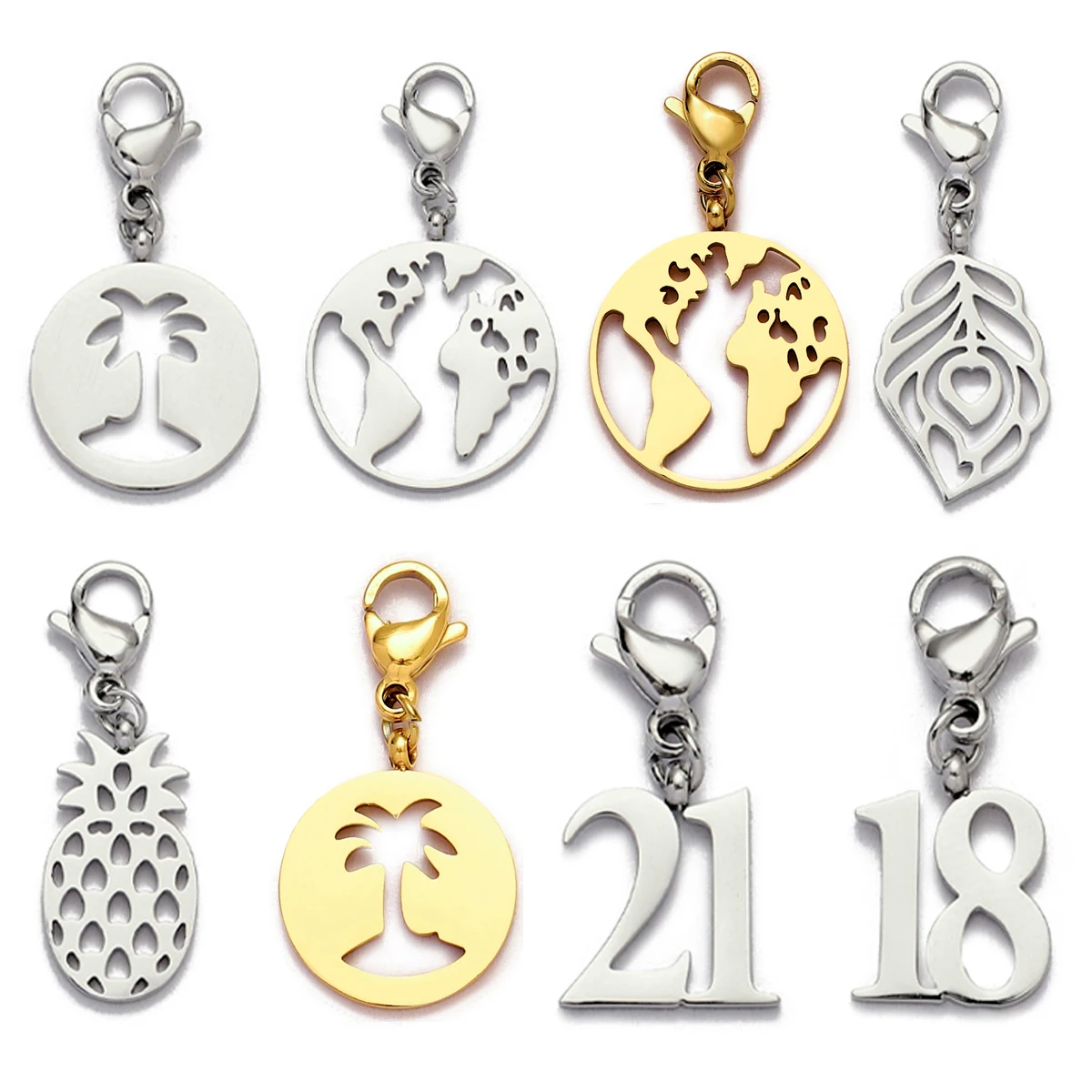 5pcs/Lot Stainless Steel Number Tree World Map Lobster Charms Pendants for DIY Fashion Jewelry Making Accessory Wholesale