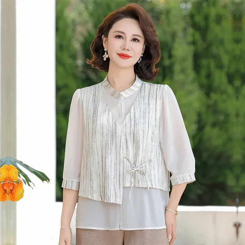

Women's Plus Size Striped Chiffon 3/4 Sleeve Blouse Elderly Summer Shirt