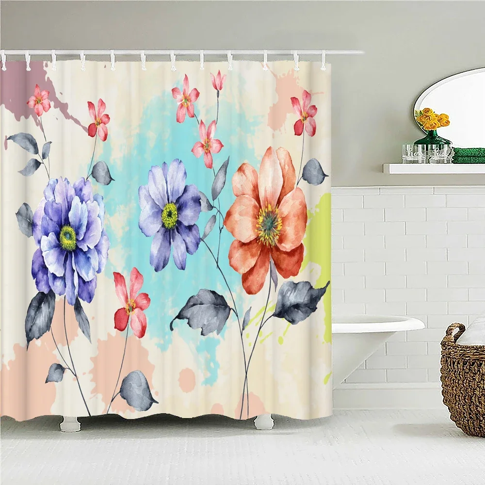 3D Shower Curtain Beautiful Flowers Rose Plant leaves Printed  Waterproof Polyester Fabric Bath Curtains for Bathroom with Hooks