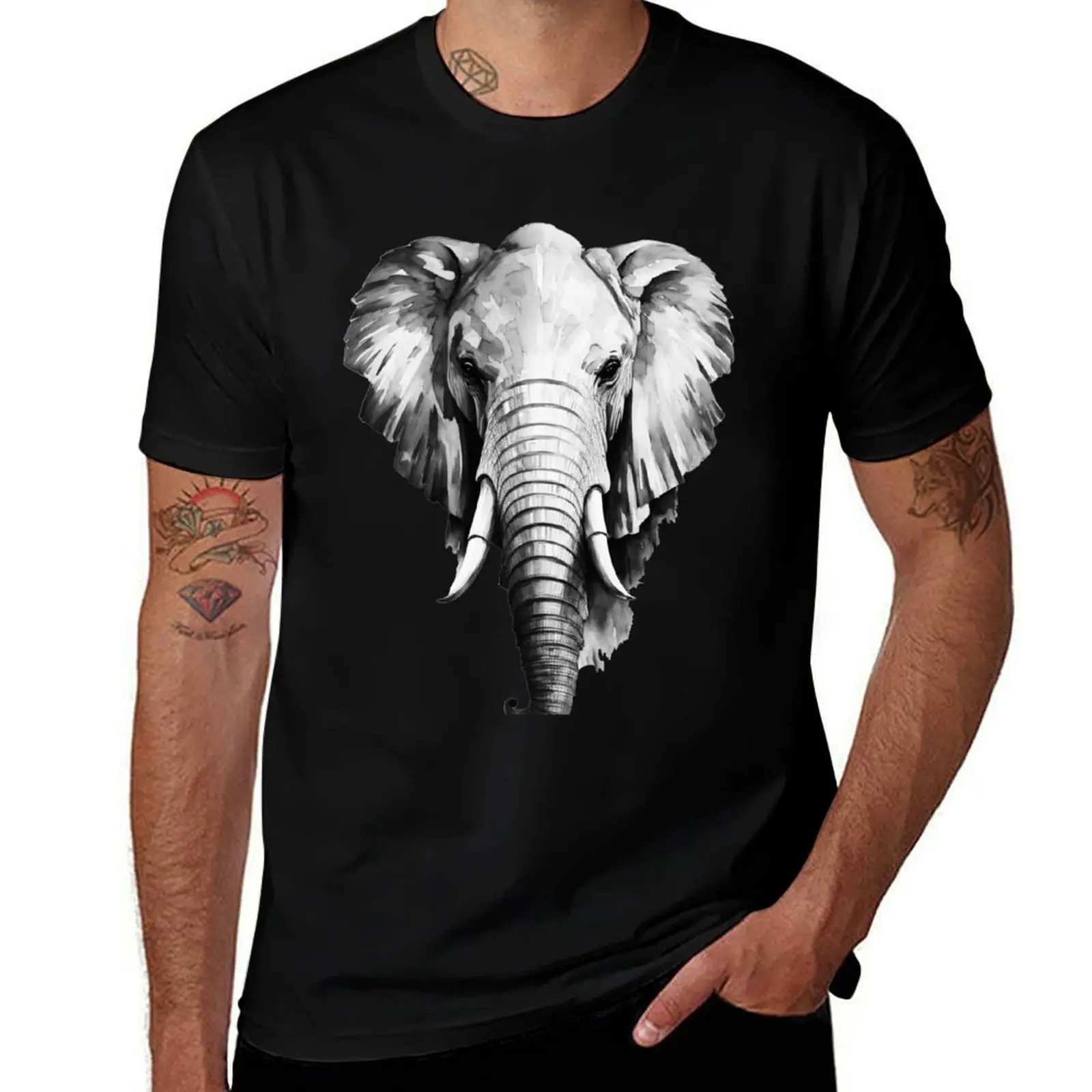 Elephant head black and white T-Shirt Fashion Casual Short Sleeve T-Shirt