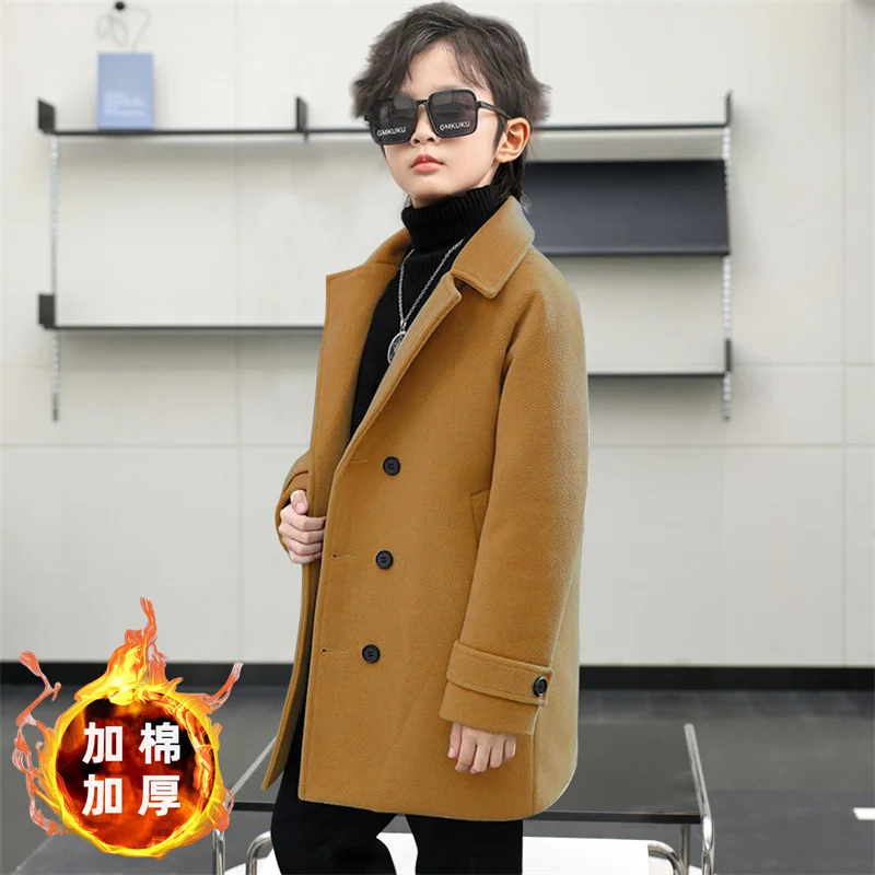 

Boys Woolen Coat Overcoat Jacket Windbreak 2024 Black Warm Plus Thicken Autumn Winter Cotton School Children's Clothing