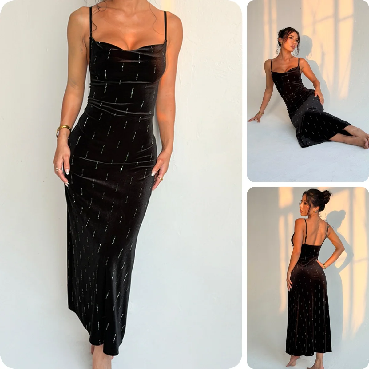 Sexy Women Sleepwear Night Gown Velvet Sleeve Home Wear Soft Long Party Sleepdress Elegant Daily Flash Diamond Loungewear