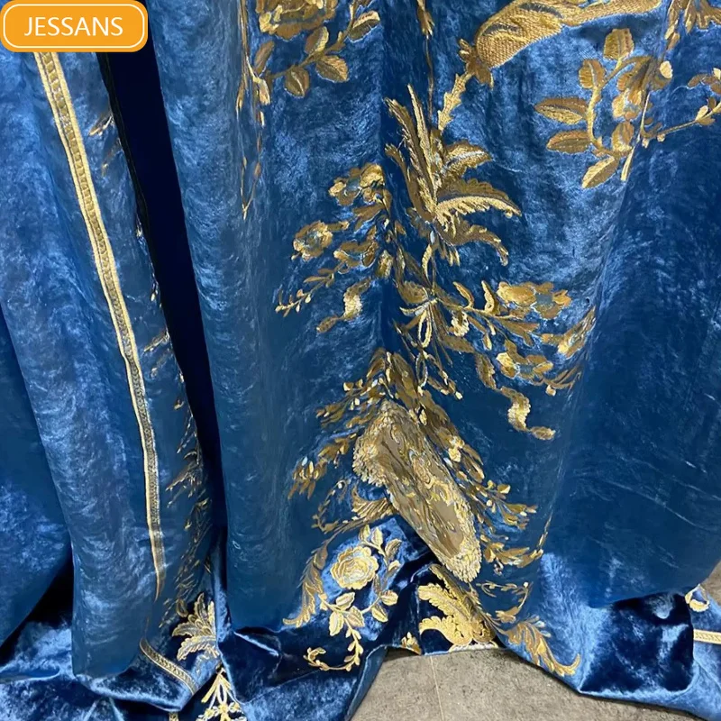 European Palace Luxury Gold Blue Embroidered Velvet Patchwork Curtains for Living Room Bedroom Finished Product Customization