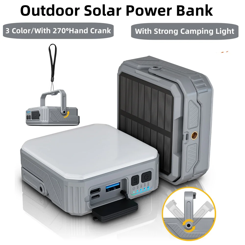 

Outdoor Solar Power Bank with Strong Camping Light Powerbank for iPhone 16 Samsung External Battery Pack With 270° Hand Crank