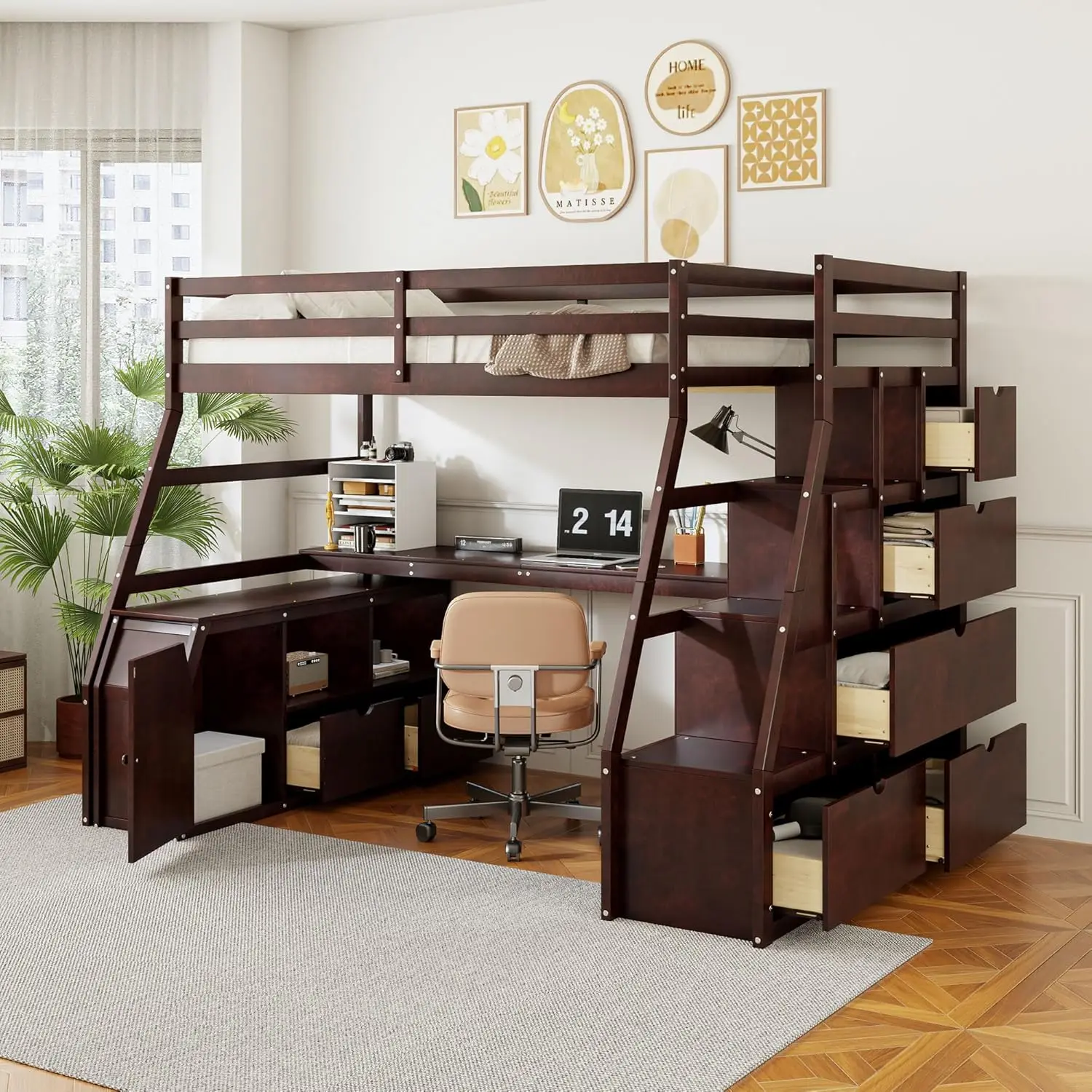 

Harper & Bright Designs Full Size Loft Bed with Stairs and Desk, Solid Wood Loft Bed Frame with Storage Drawers and Shelves