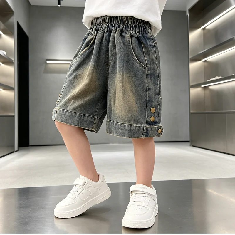 High Quality Kids Children Vintage Distressed Denim Shorts with Buttons for Tweens Boys Summer Casual Knee Length Jeans Capris