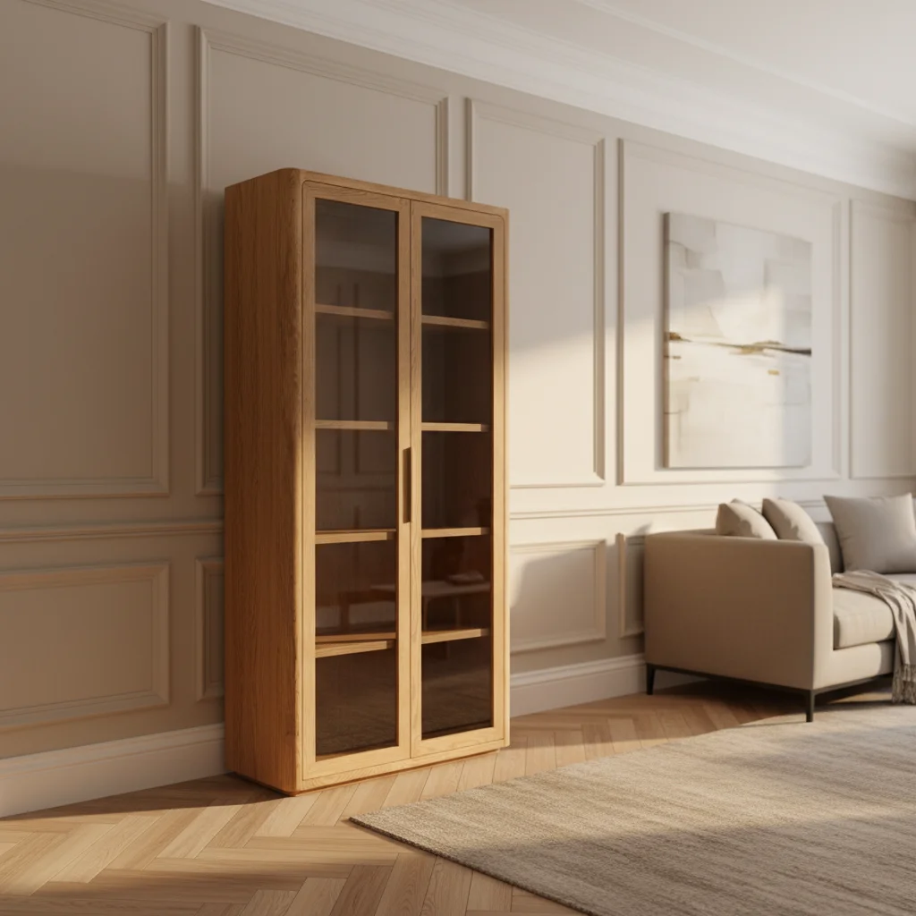 

#American Style Contemporary Style Oak Wood Double Door Glass Cabinet Wine Glass Display Cabinet