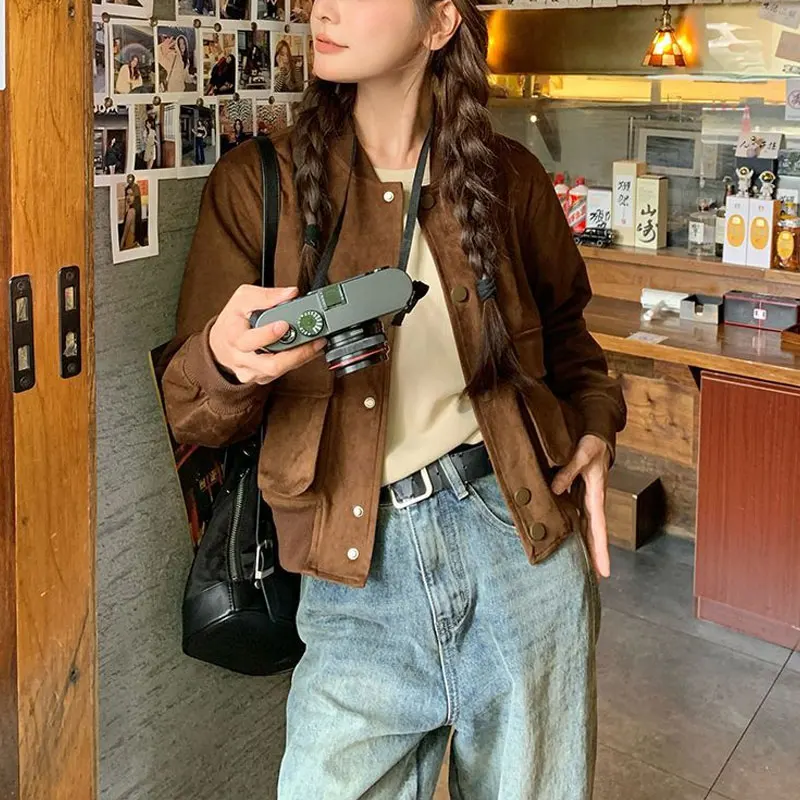 Female Clothing Maillard Retro Coats Imitation Suede Autumn Winter Baseball Collar American Loose Single-breasted Short Jackets