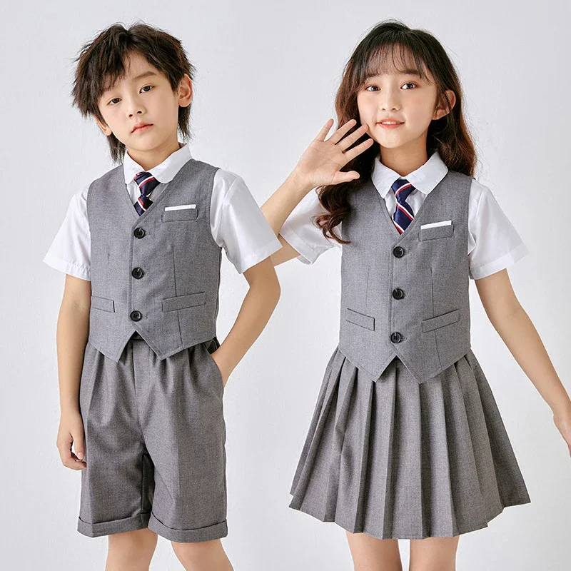 

Boys Girls Summer School Student Suit Vest Shorts Skirt Photograph Dress Kids Uniforms Children's Day Performance Formal Costume