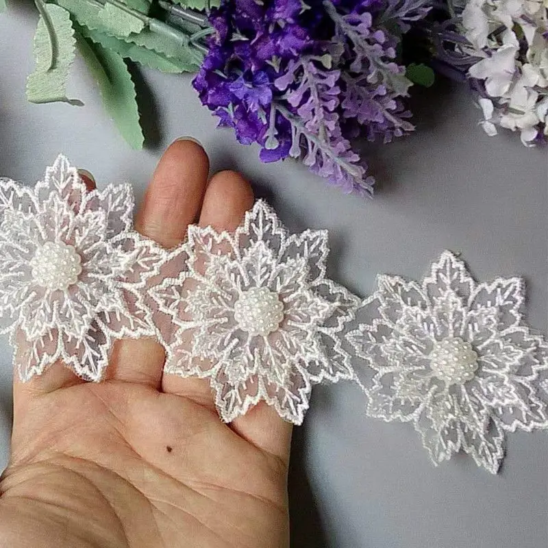 2 yards White Pearl Flower Leaf Handmade Beaded ricamato pizzo Trim Ribbon Applique abito da sposa cucito artigianale 6X6 cm