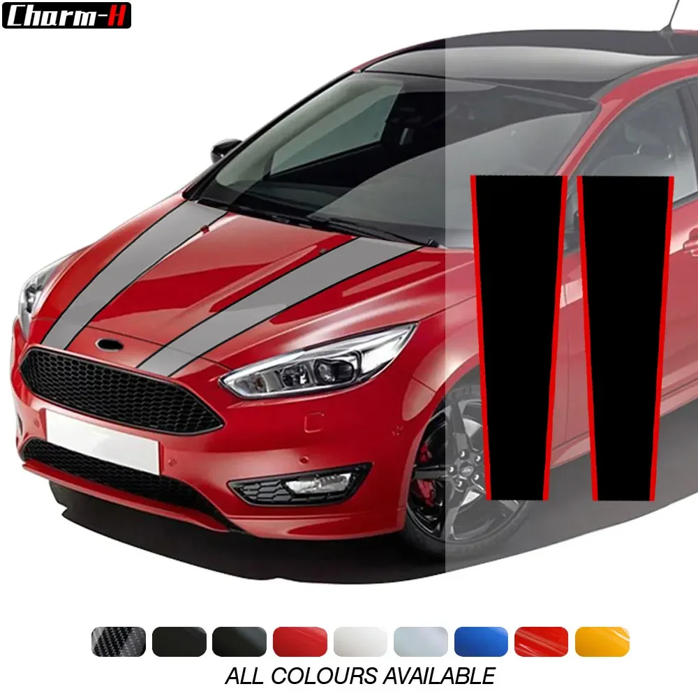 Car Styling Hood Bonnet Rally Stripes Engine Cover Decal Stickers for Ford Focus 1 2 3 4 MK1 MK2 MK3 MK4 Accessories