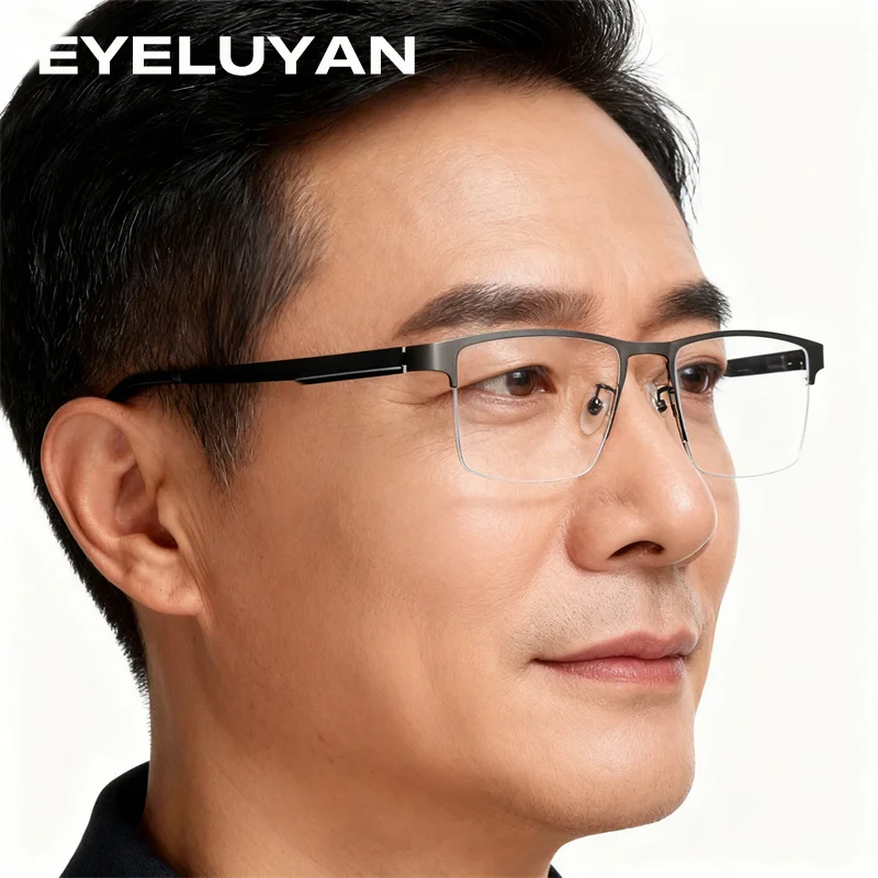 

EYELUYAN модная оправа для очков из сплава в полуоправе для мужчин в деловом стиле, легкая алюминиевая дужка, оптическая оправа для очков для близорукости