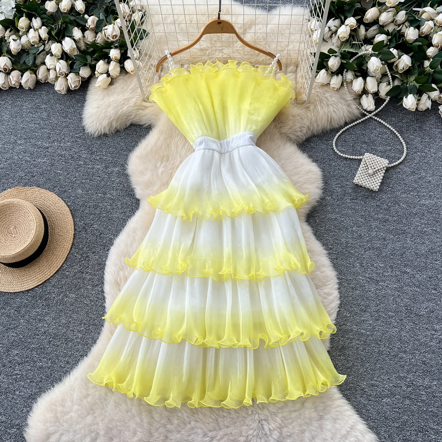 Vintage elegante gradiente sem mangas em camadas vestido de malha chique a linha moda vestidos vestido feminino