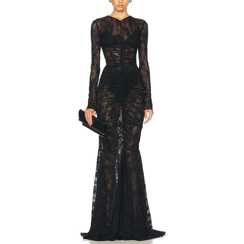 

Gorgeous Black Sheer Lace Maxi Dress For Women - Long Sleeve Ruched Mermaid Evening Gown For Formal Party Prom Wedding Cocktail
