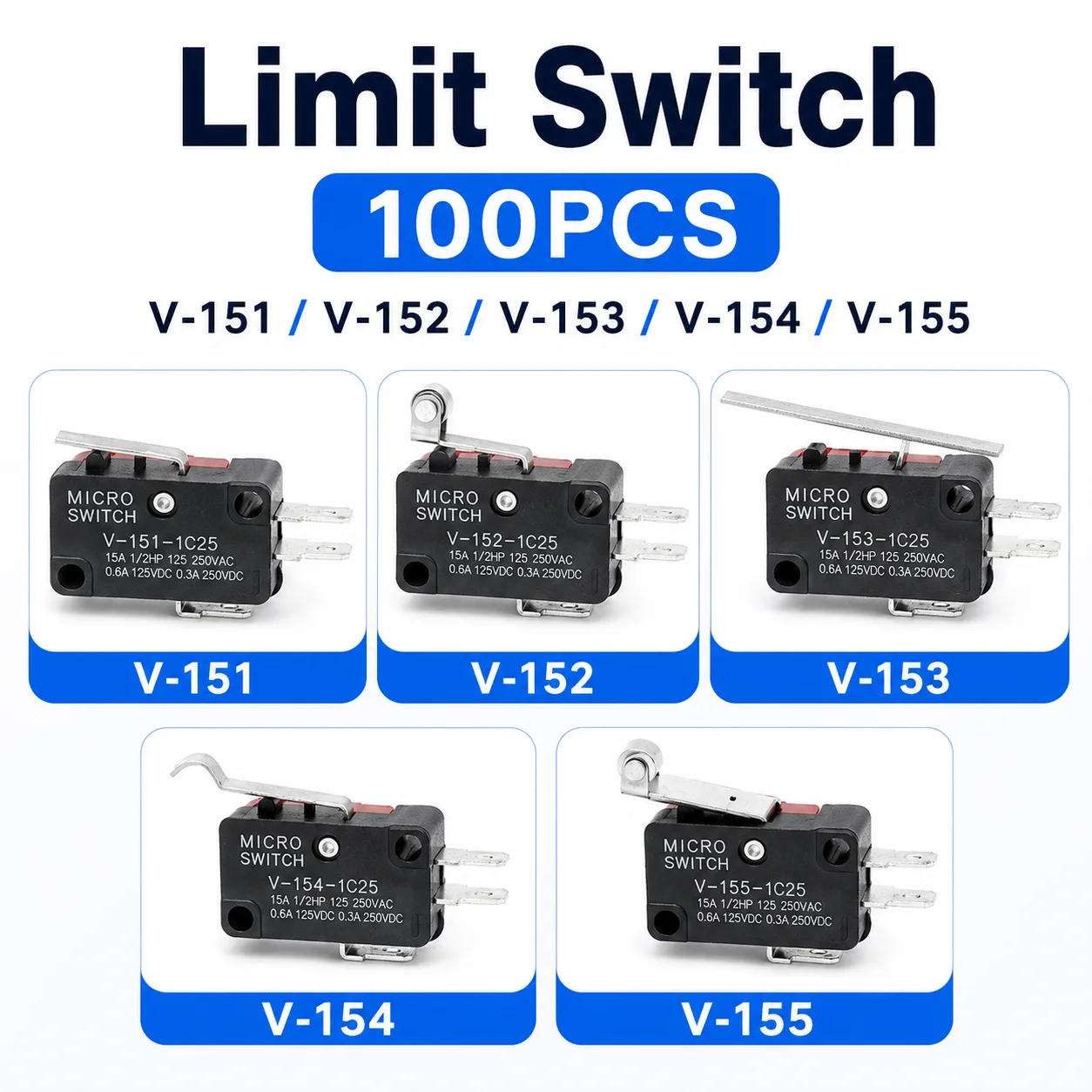 100PCS V-15 Industrial Micro Limit Switch 16A 250VAC SPDT 3Pin Roller Lever Momentary Snap Action V-151 V-152 V-153 V-155 V-156