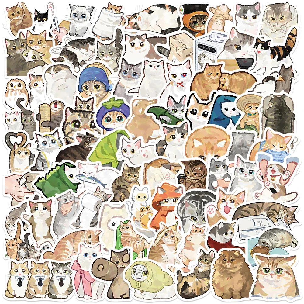 

10/30/77pcs Kawaii Cute Cat Cartoon Stickers Creative Watercolor Graffiti Kitten Decals Diary Phone Luggage Sticker for Kids Toy