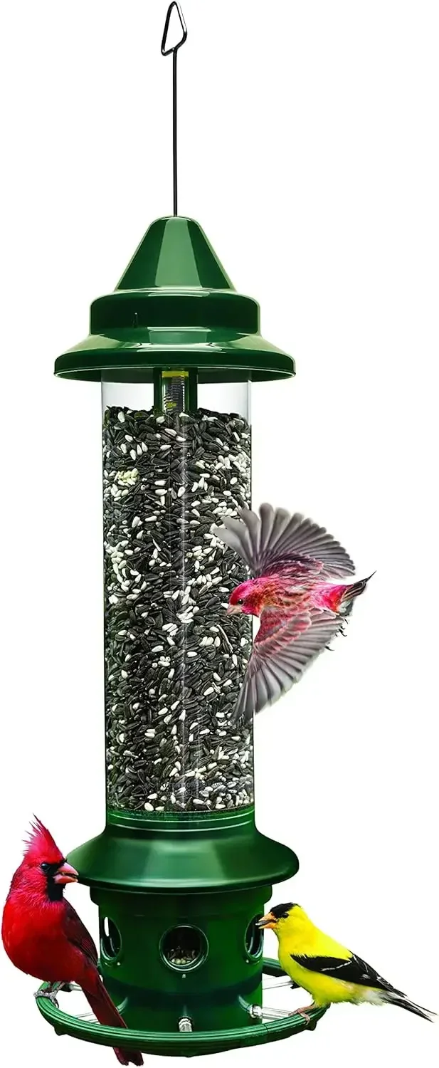 Squirrel Proof Bird Feeder Cardinal Ring Six Feeding Ports Five Point One Pound Seed Capacity Adjustable Pole Mountable Green