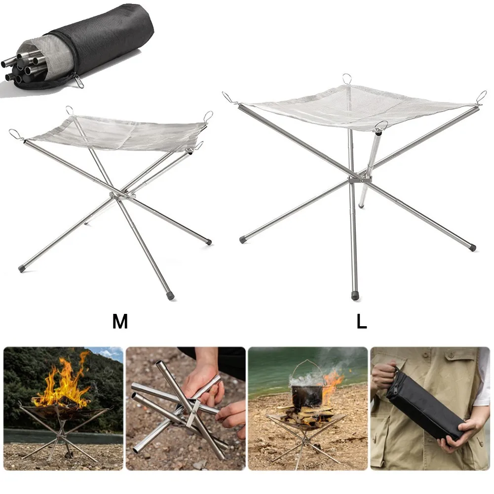 Portable Outdoor Fire Pit Grill Collapsing Steel Mesh Fire Stand Stainless Steel Foldable Mesh Fire Pit Outdoor Wood Heater Heat