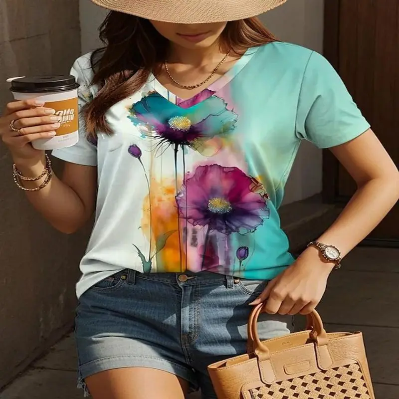 2024 Summer Fashion Women's T-Shirt Short Sleeve Floral Daily Resort Print Colorful Short Sleeve Hawaiian Breathable V Neck Top