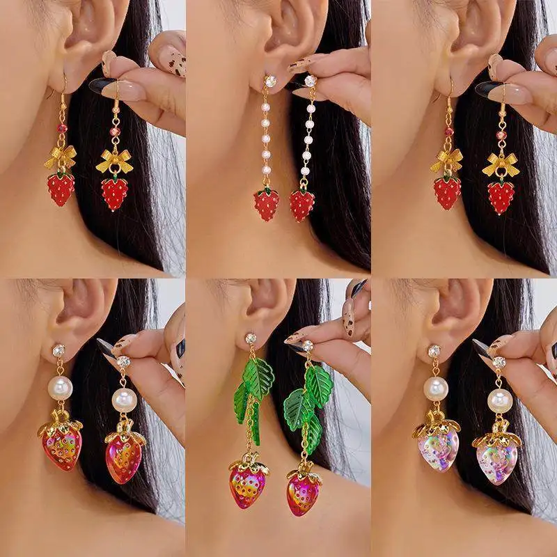 

Серьги-гвоздики в форме клубники, модные, креативные, забавные, с настоящими ягодами, осенние, удлиненные