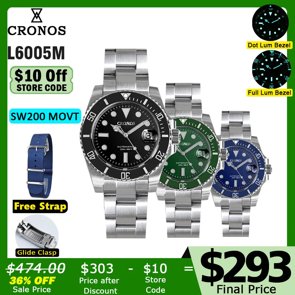 

Cronos Sub Diver Luxury Men Watch Stainless Steel SW200 Bracelet Ceramic Rotating Bezel 200 meters Water Resistant Glideclasp