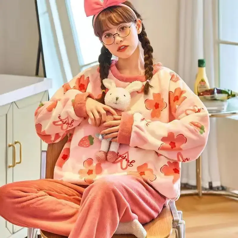 Plush Sleepwear Y2k Girl Winter Warm Women Pajamas Thick Pajama Sets Flannel Kawaii Clothes Coral Velvet Homewear Long Sleeve