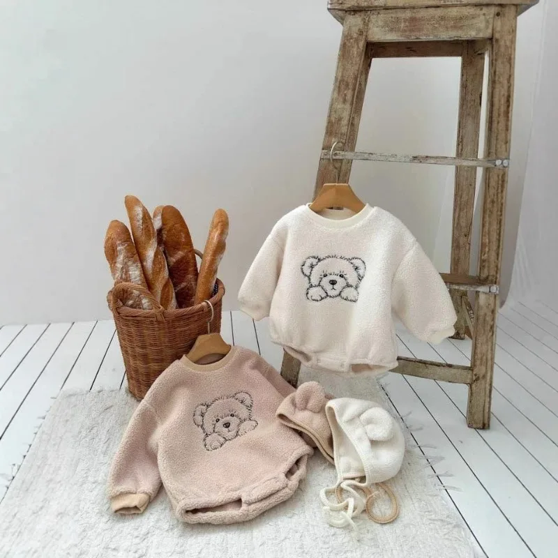 

Autumn Winter New Baby Boys Girls Teddy Cartoon Bear Plush Jumpsuit Cute Long Sleeved Outdoor Climbing Suit for Newborn