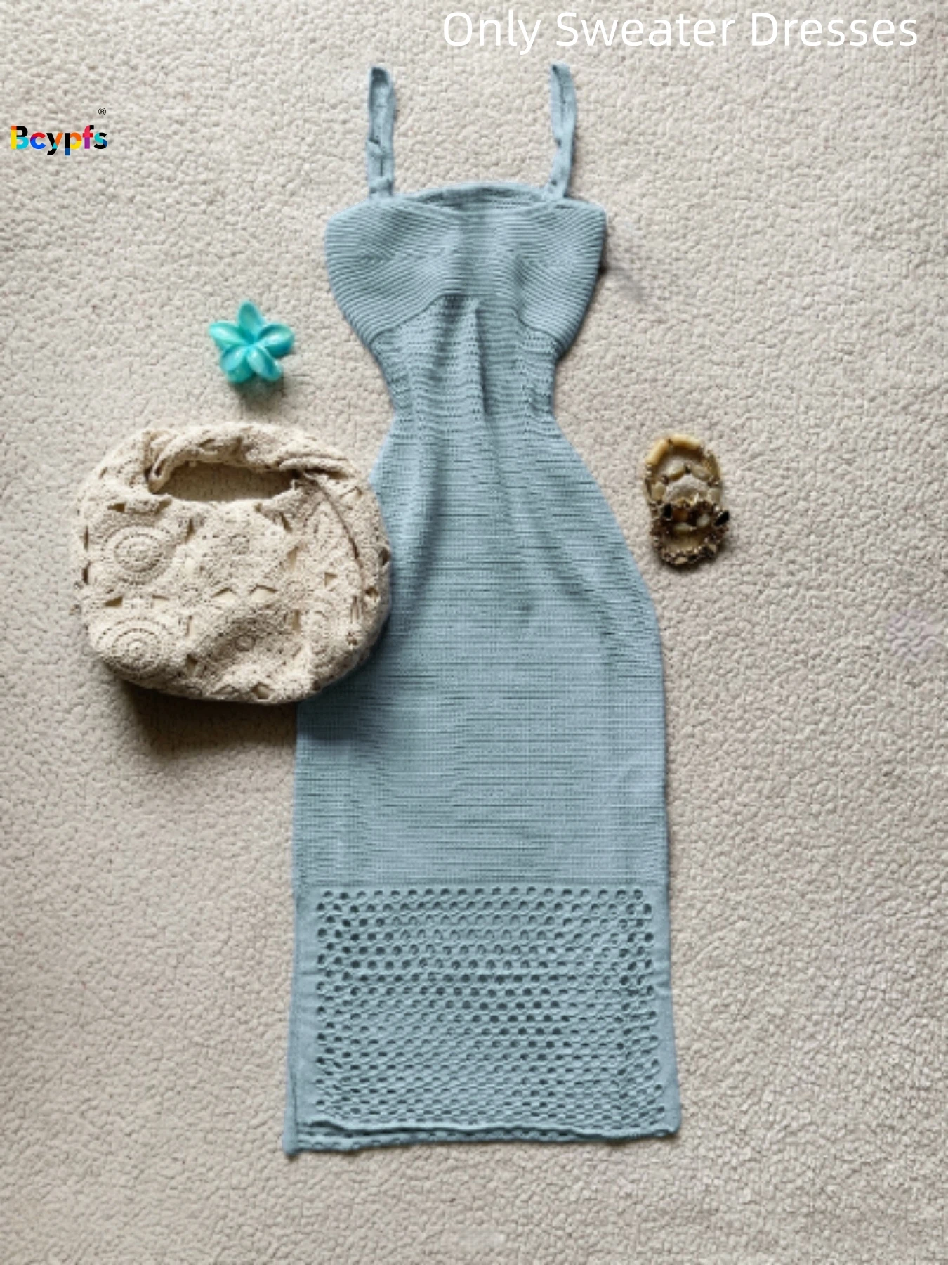 2026 Häkel-Spaghettiträger-Strickkleid für Damen, Hellblau, Figurbetont, Durchbrochenes Midi-Kleid für Urlaub und Strand