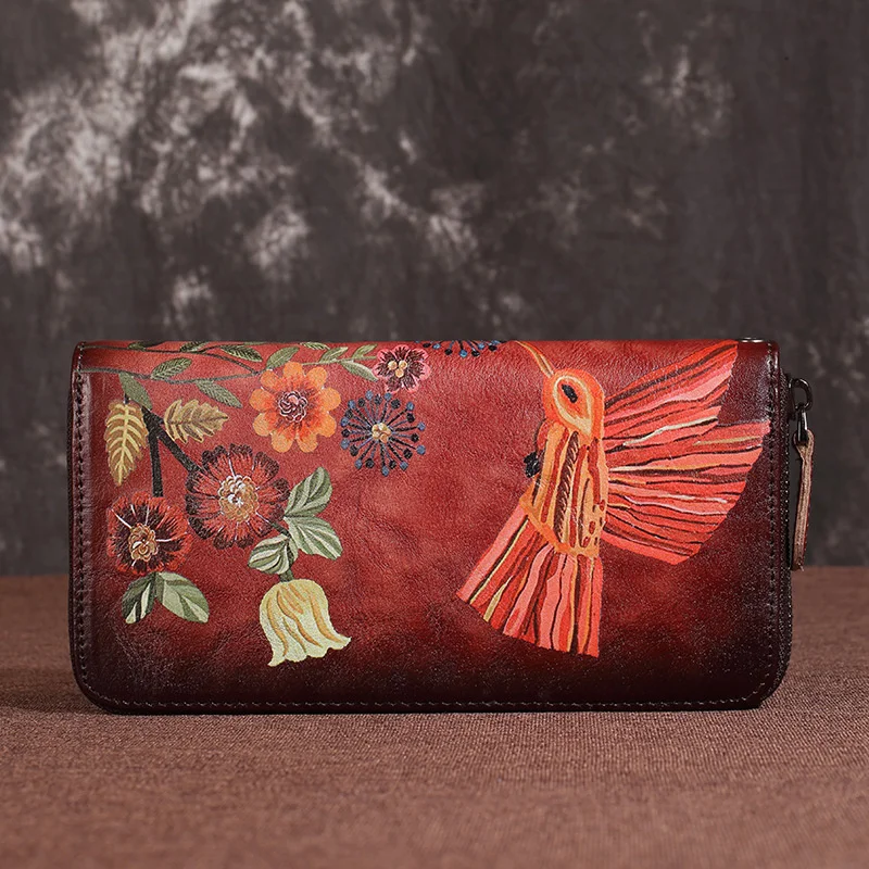 

Women Long Wallet Genuine Leather Money Handy Zipper Bag Cards Holder Luxury Bird Flower Vintage Female Clutch Wrist Bags Purse