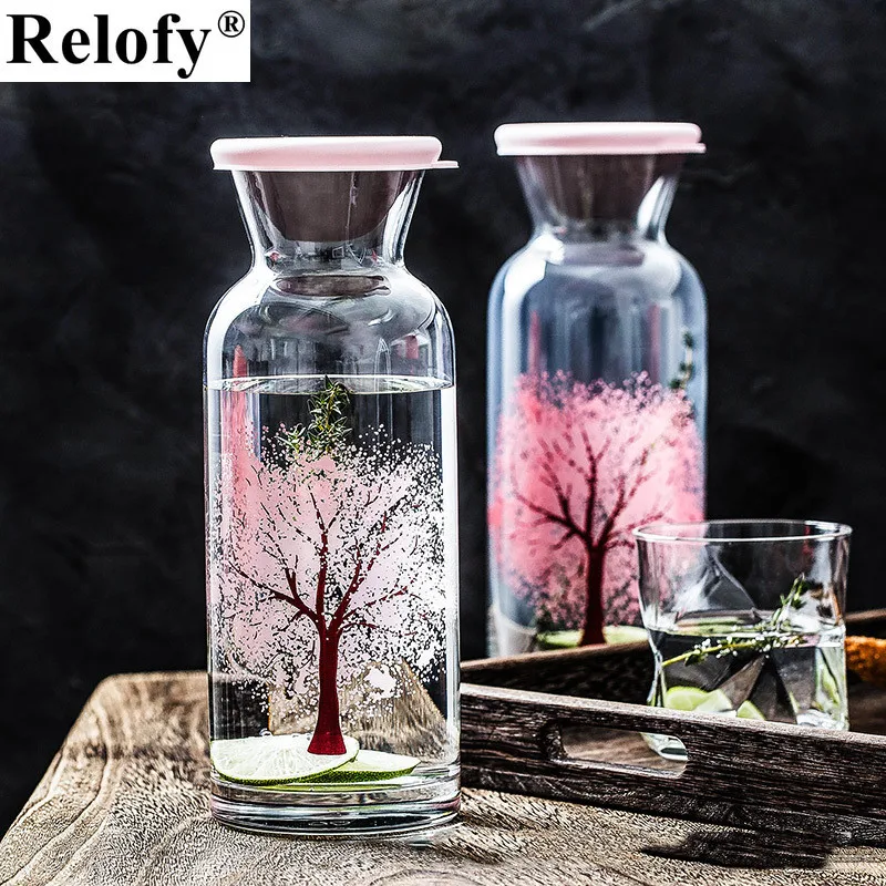 360/700/1260ml Glass Hot Color-changing Cherry Blossom Cold Water Bottle Household Coffee Tea Water Bottle Juice Milk Drinkware