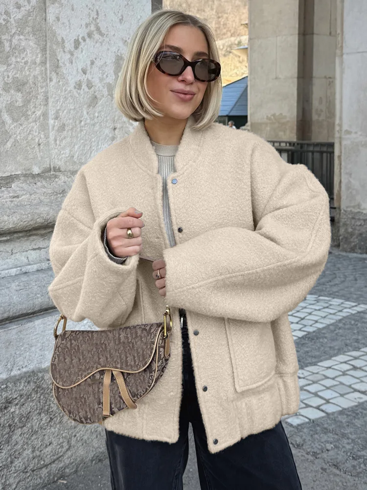 

Tossy Casual Stand Collar Wool Blend Jacket Women Loose Long Sleeve Pocket Autumn 2025 New Charm Solid Outwear Women's Jackets