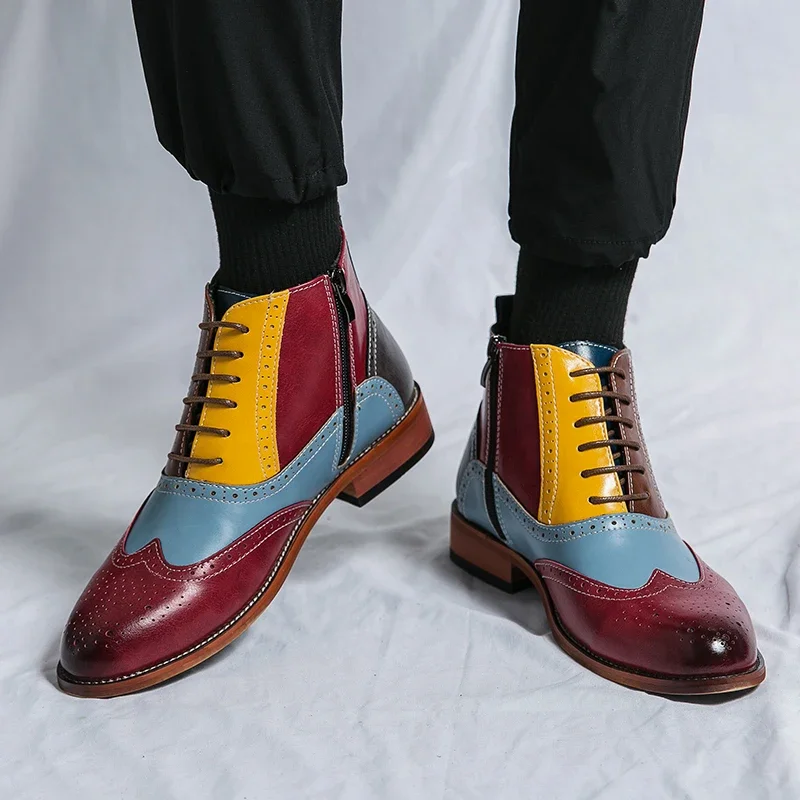 Men Block Leather Shoe Handmade High Top Casual Shoe Britain Designer Shoes for Man Luxury Stage Performance Shoe Zapatos Hombre