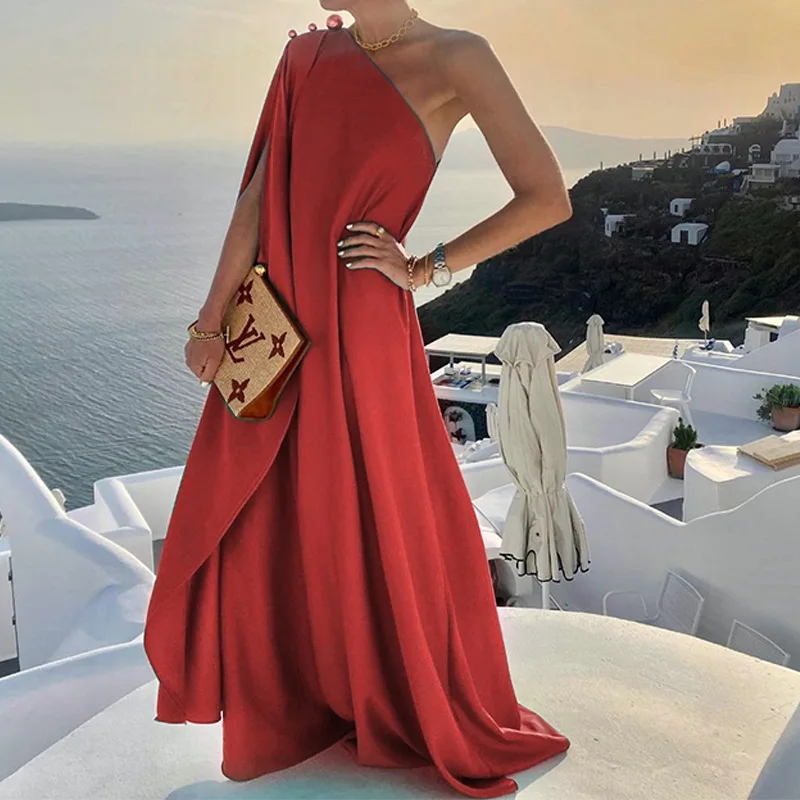 Elegant Women Long Party Dress Sexy Fashion INS 2024 One Shoulder Loose Guest Graduation Evening Cocktail Maxi Dress Robe