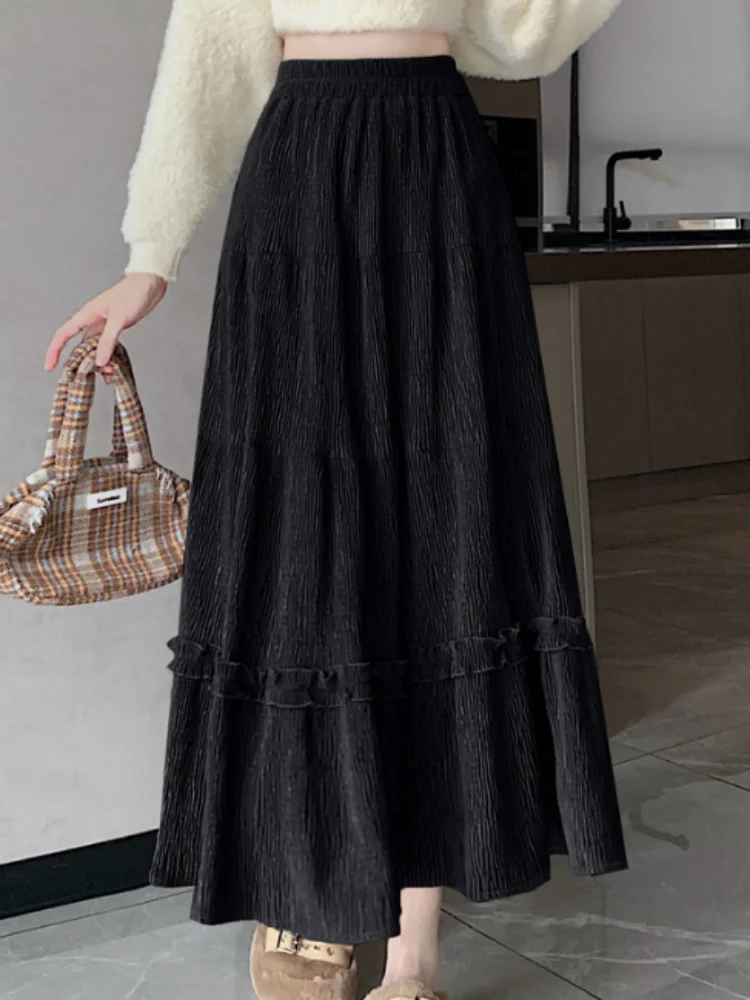 

2026 Autumn Winter French Velvet Ruffled Skirts Women Vintage Elegant Long Skirt Woman Elastic Waist Gentle Sweet Cake Skirt