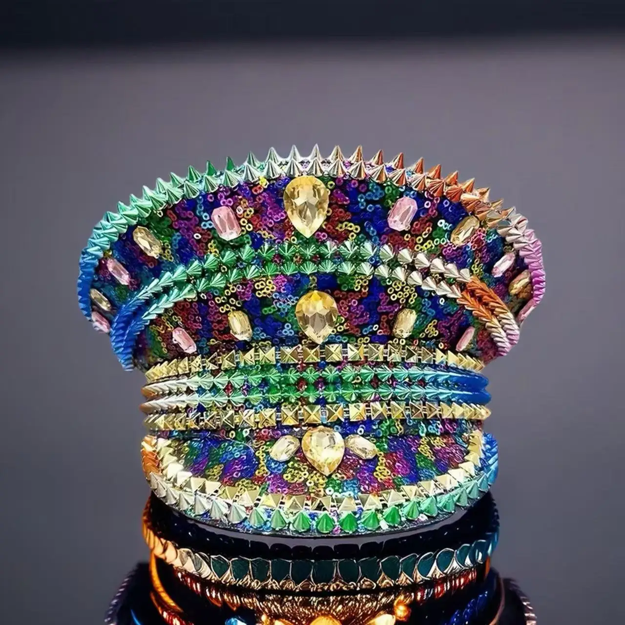 홍루안 옐로우 레이저 가죽 루프 캡틴 모자, 여성용 라인스톤 & 밀리터리 캡, 레이브 페스티벌 액세서리 & 파티 캡 남성용