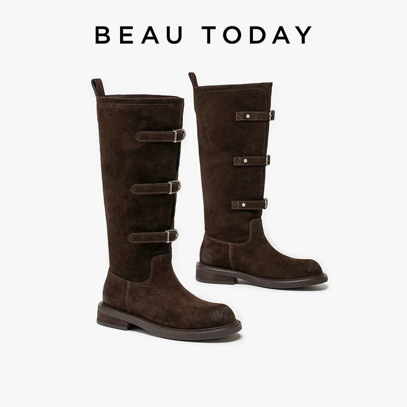 BEAUTODAY Knee High Boots Women Genuine Cow Suede Leather Buckle Strap Round Toe Long Boots Retro Ladies Shoes Handmade 01104