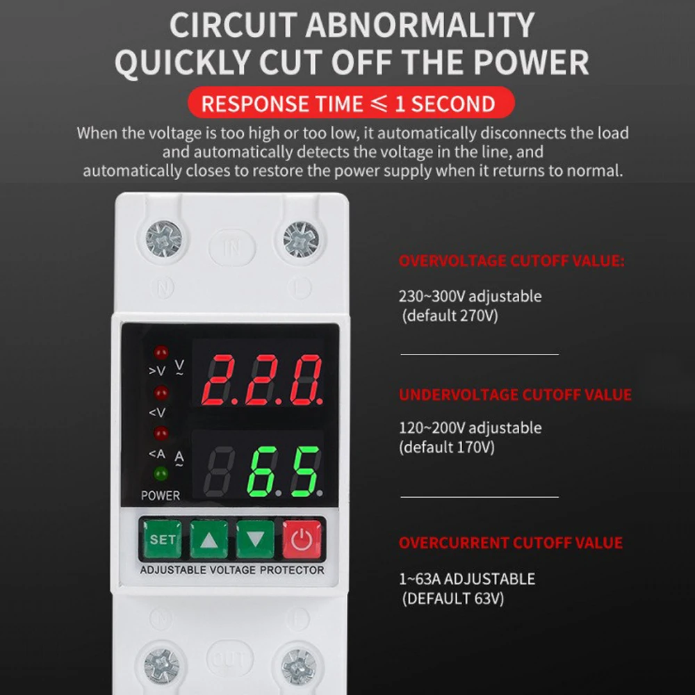 1 PC 40A/63A Single-phase Self-resetting Over Voltage And Under Voltage Protector 230V Overcurrent Overvoltage Protective Switch