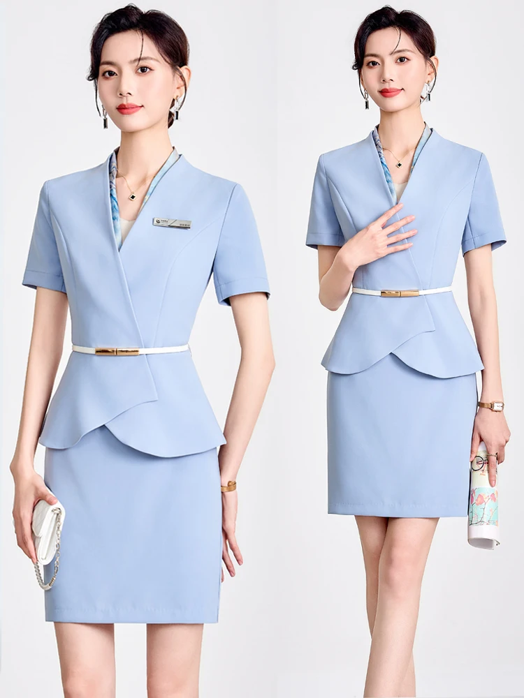 

Светло-голубой женский костюм-двойка с тонкой поясной отделкой, летняя рабочая одежда для салонов красоты, профессиональный приталенный фасон, V-образный вырез, короткий рукав