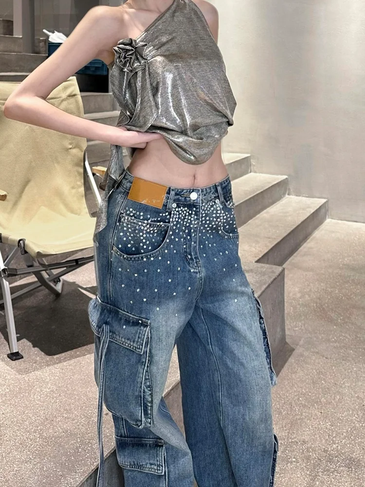 

American Style Spicy Girl Multi-Pocket Belted Work Pants Women's Retro Heavy Design Sense Iron Drill Splicing Wide Leg Floor-...