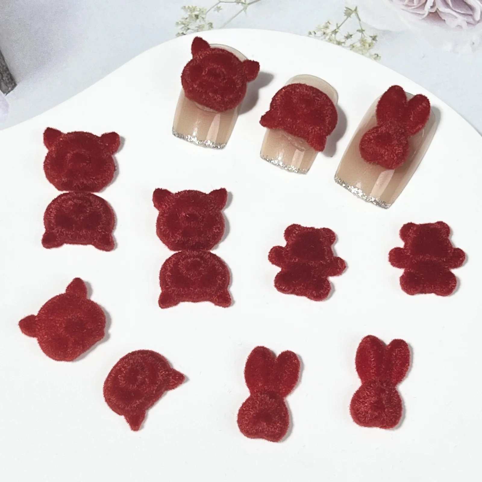 20pcs miniso red animal rabbit bear cartoon nail charms for diy nail making cute mini fluffy nail art decoreation