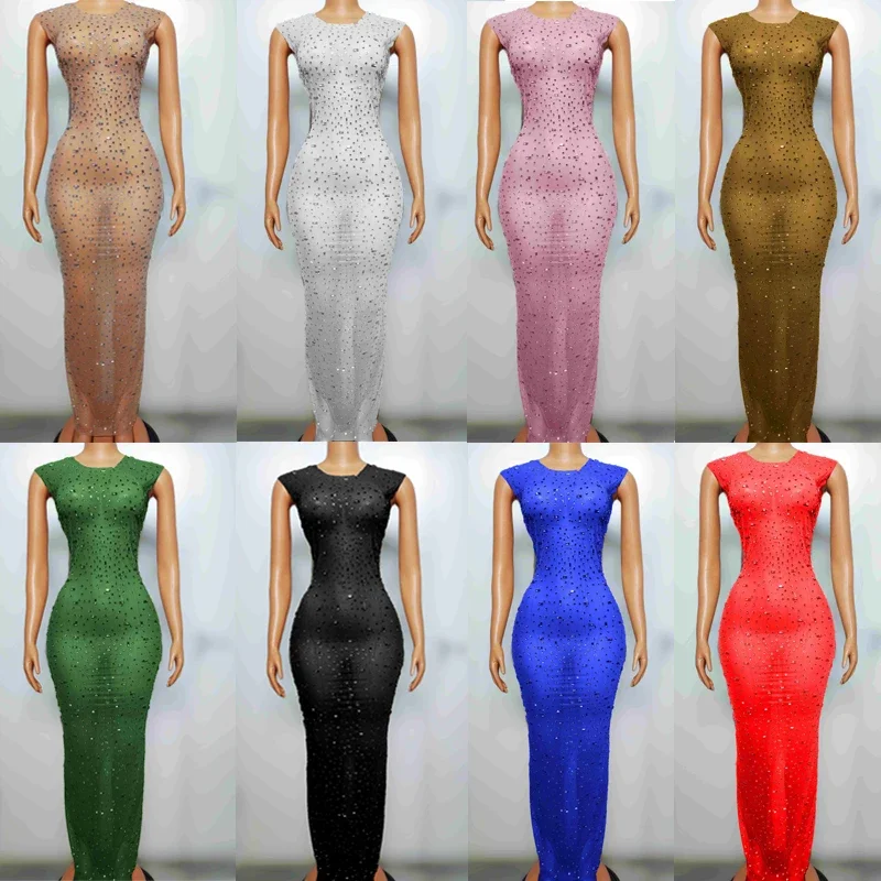 

8 Colors Full Rhinestones Party Dress Women Celebrate Festival Outfit Stage Catwalk Gogo Costumes Evening Prom Dresses XS7525