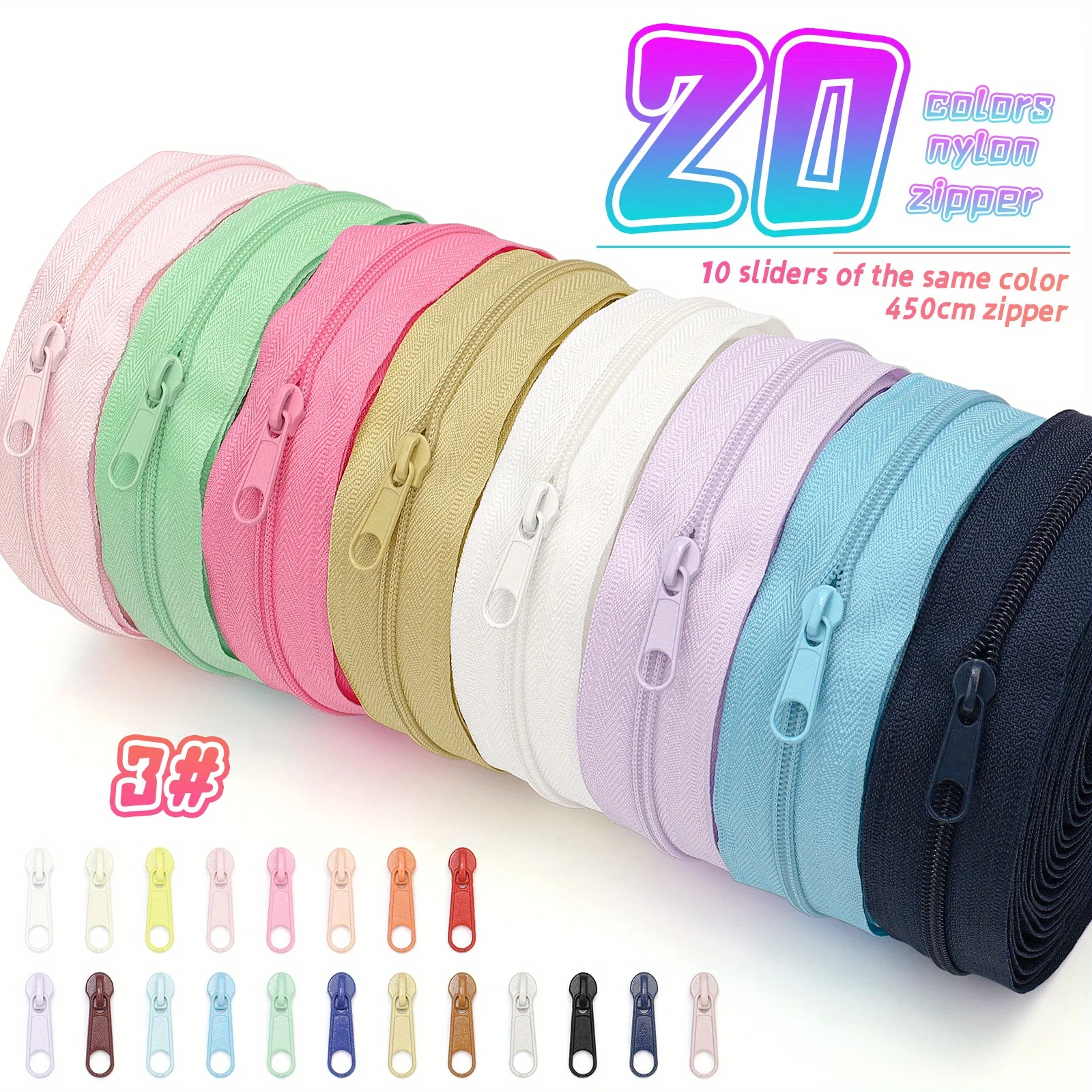 One set = 4.5 meters zipper + 10 zipper heads, No. 3 nylon zipper, slider of the same color as the zipper, zipper for clothing