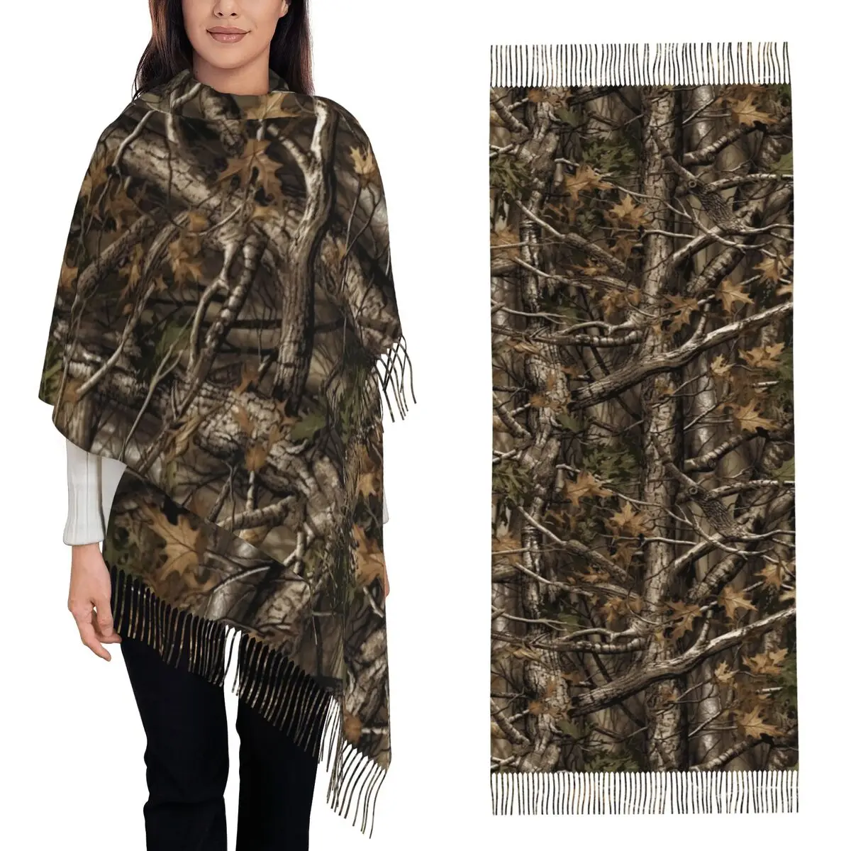 Real Tree Forest Camo Camouflage Pattern Scarf Tassel Scarves for Women Soft Warm Shawls and Wraps Long Fall Winter Shawl Wrap