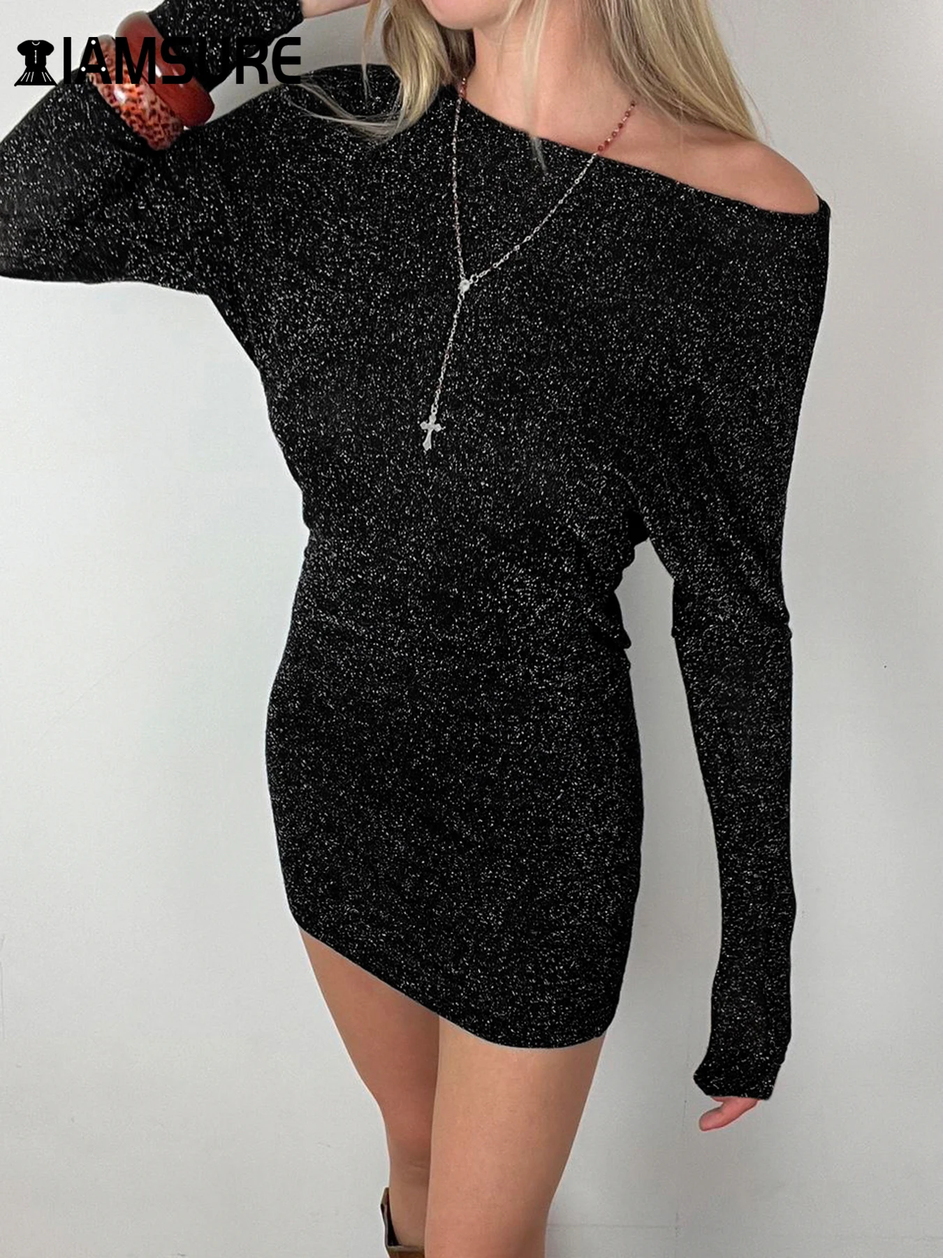 

IAMSURE Clubwear Elegant Sparkle Glitter Bodycon Dress Party Slim Backless Slash Neck Long Sleeve Mini Dresses For Women 2024